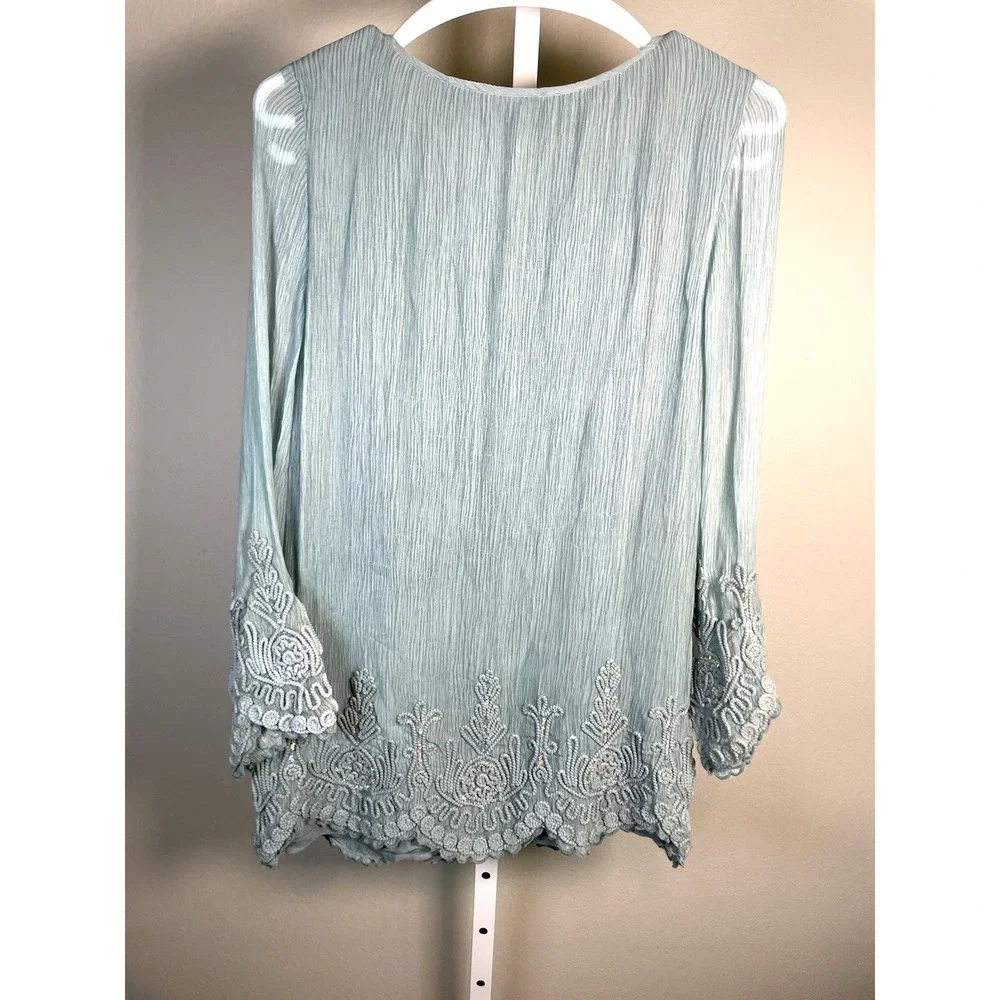 Soft Surroundings Medium‎ Silk Tunic Top Beach Vacation Blue Coral Shirt